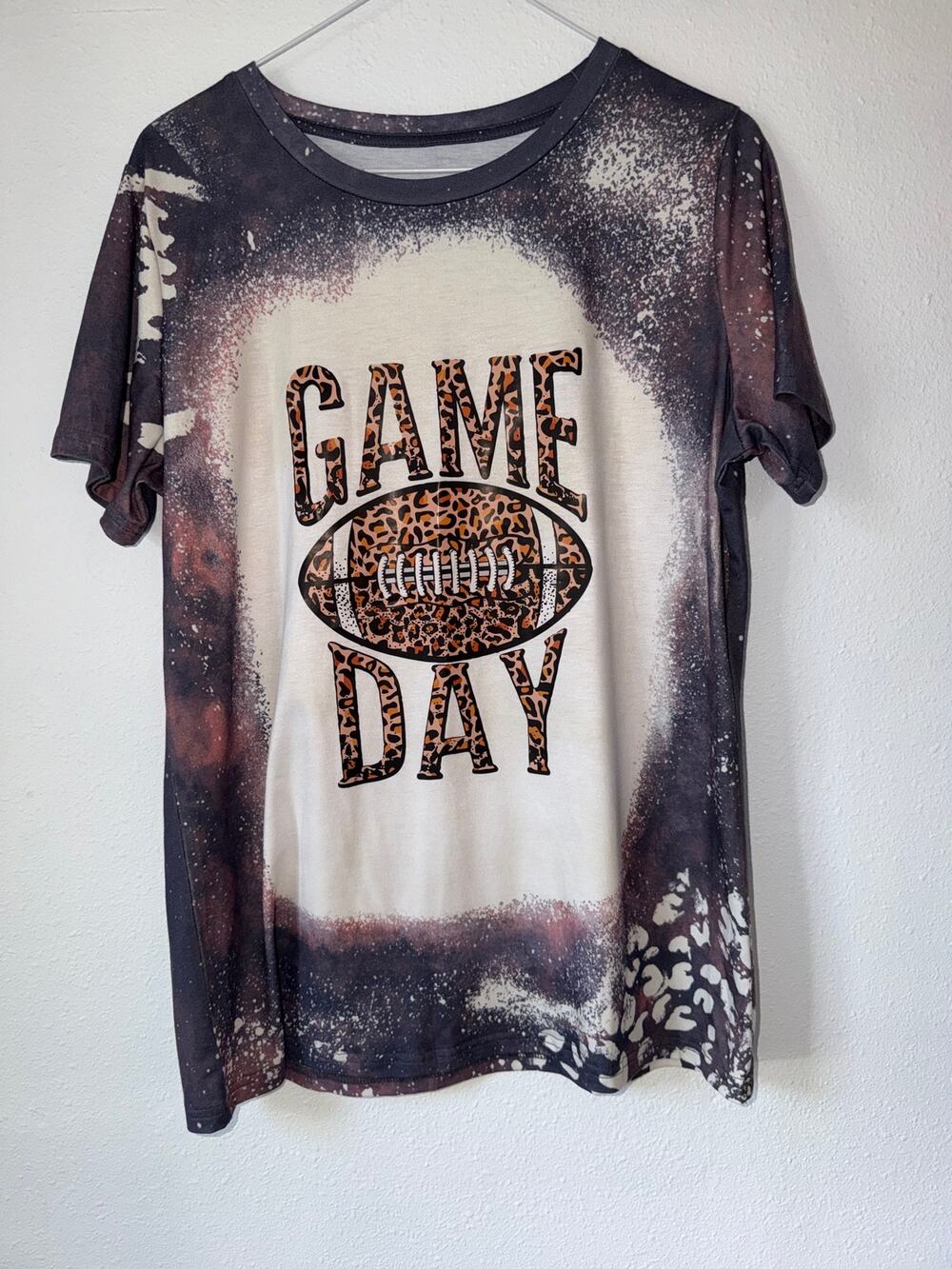 Gray White Bleached Splatter Short Sleeve Game Day Graphic Print Crew Neck Large